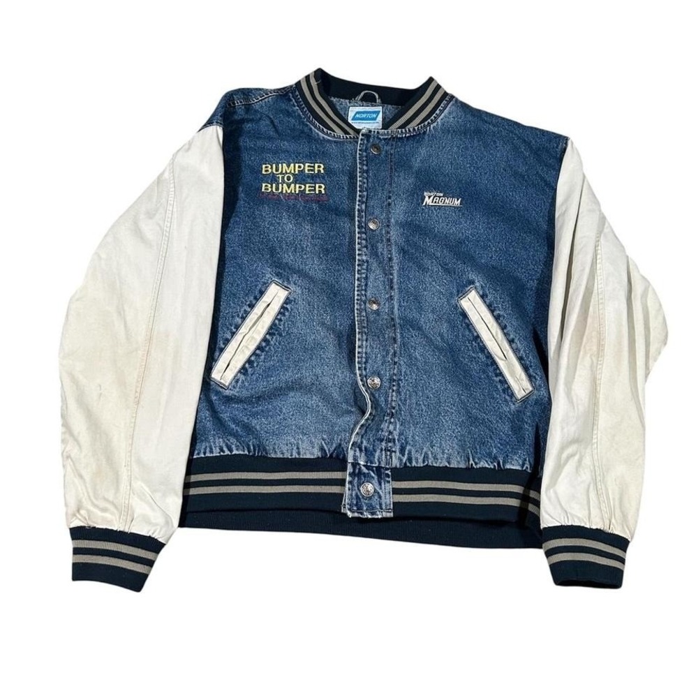 Vintage‎ Norton Bomber Jacket Denim Varsity Style Patch 90s Automotive Large